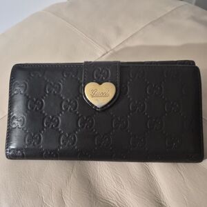 Gucci Black Embossed Leather Continental Wallet with Gold Heart